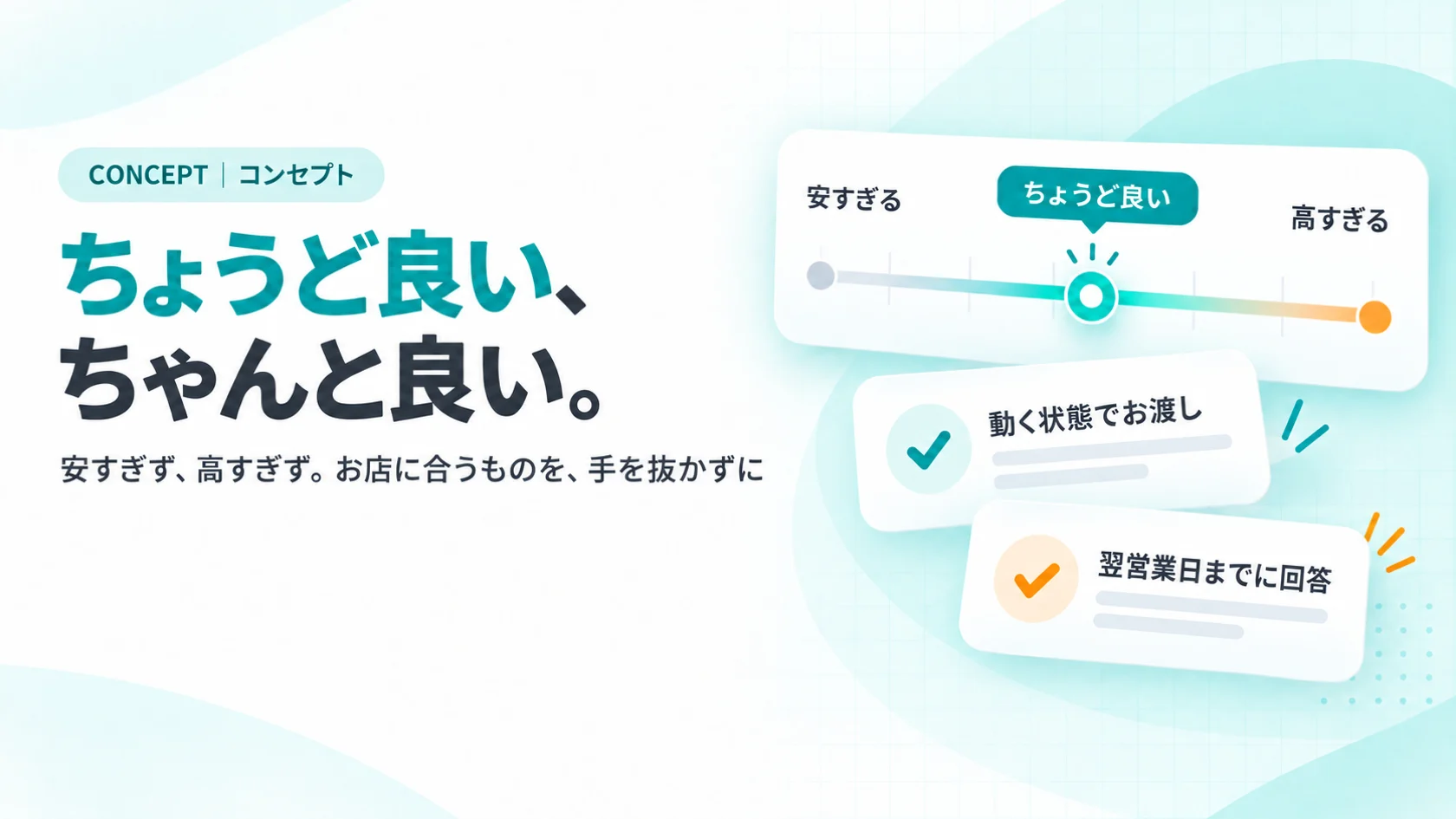 「安すぎる」と「高すぎる」のあいだで、つまみが「ちょうど良い」を指すスライダーのカードと、品質のチェックカード