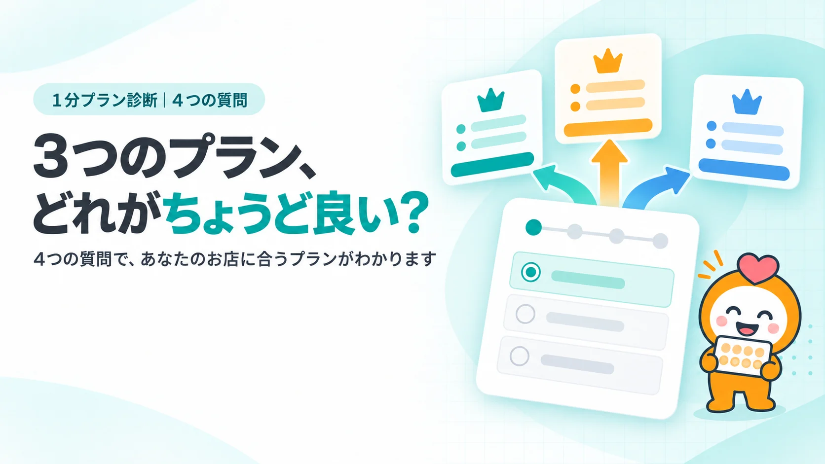 3つのプラン、どれがちょうど良い？ 3方向に分かれる矢印と3枚のプランカードのイメージ
