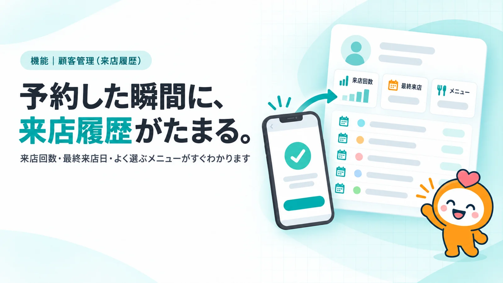 予約した瞬間に、来店履歴がたまる。　来店回数・最終来店日・よく選ぶメニューがすぐわかります