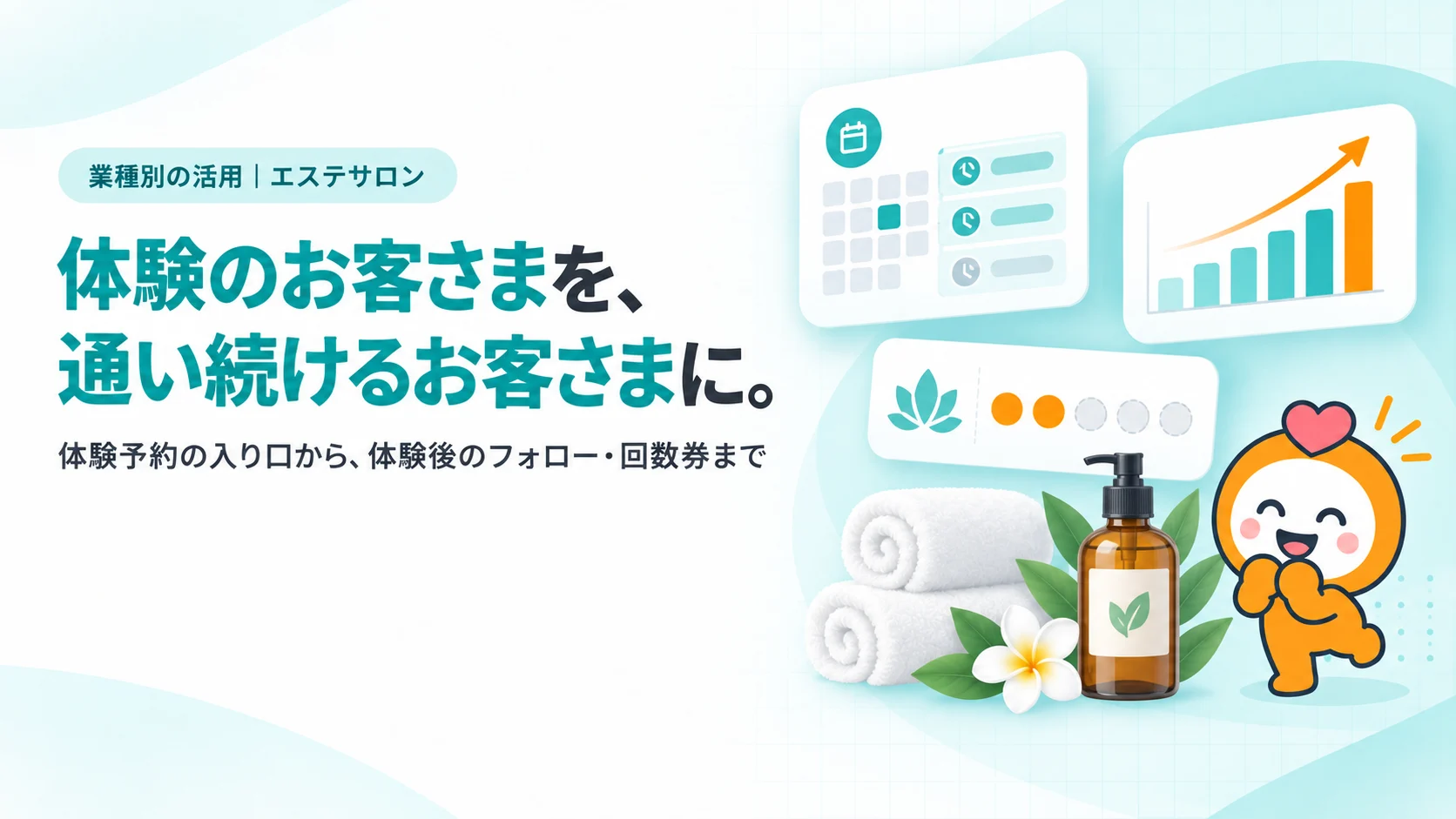 体験のお客さまを、通い続けるお客さまに。。体験予約のカード、回数券の残り回数のメーター（残り2回）、新規予約数1.6倍の棒グラフカード、アロマボトルとたたんだタオル