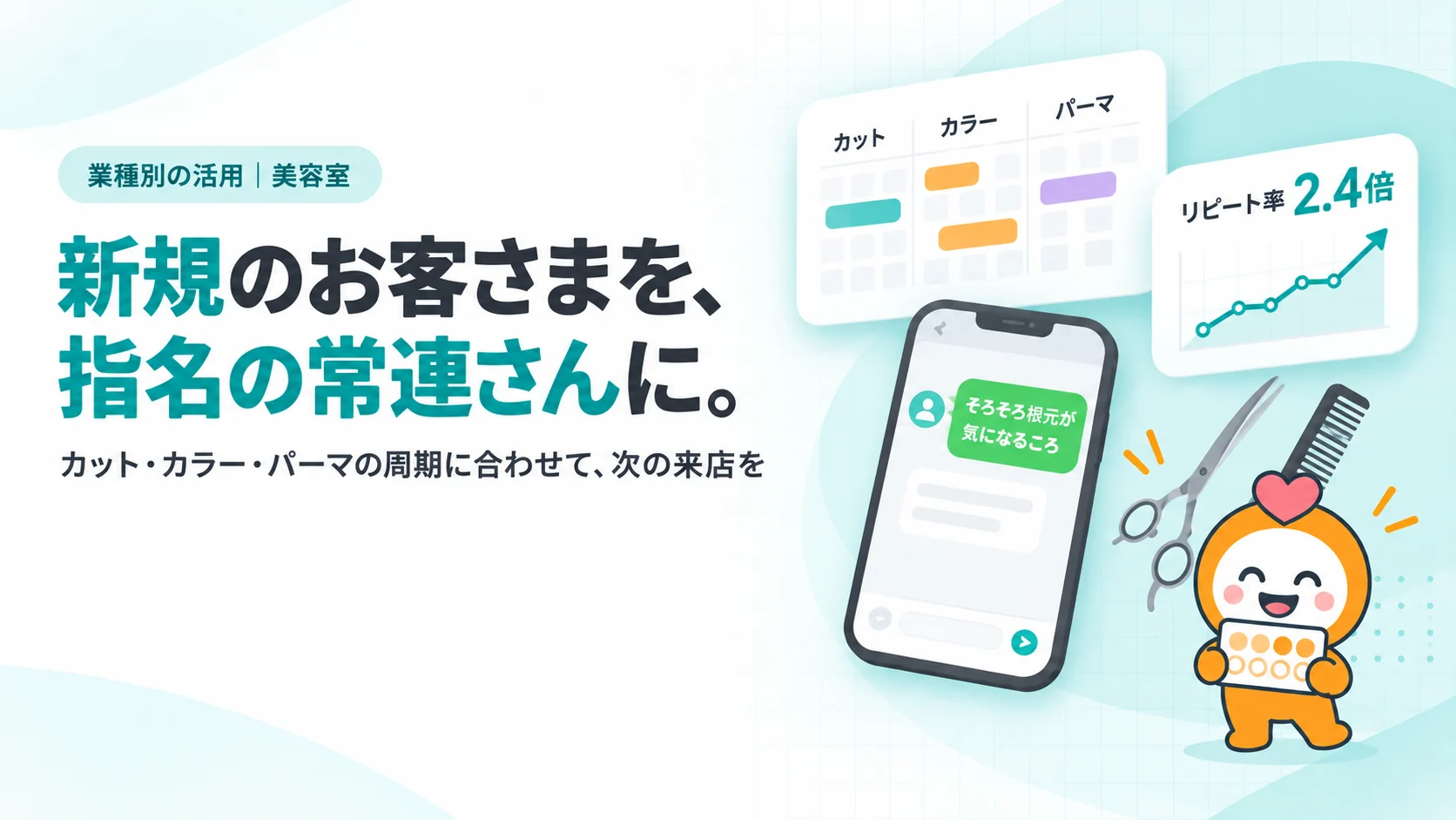 新規のお客さまを、指名の常連さんに。。カット・カラー・パーマの来店周期カレンダーのカード（色分けの帯）、「そろそろ根元が気になるころ」のLINE吹き出し、リピート率2.4倍の折れ線カード、ハサミとコーム