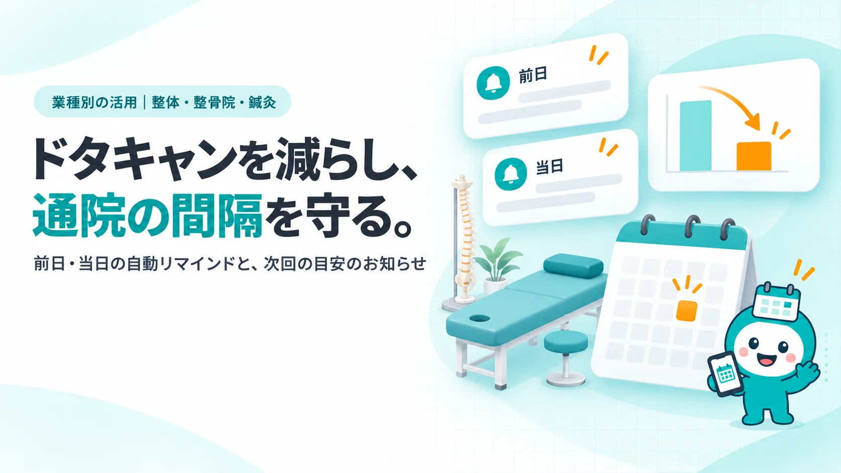 ドタキャンを減らし、通院の間隔を守る。。前日と当日の2つのリマインド通知、ドタキャン数が約半分になった比較バー、施術ベッドと背骨の模型、次回来院の目安に印のついたカレンダー