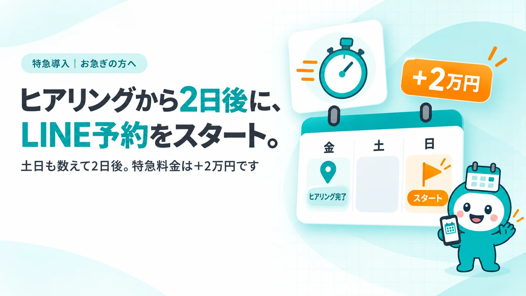 金曜にヒアリング完了、日曜にスタートの旗が立った3日分のカレンダーと、ストップウォッチ、＋2万円のタグ。見出し「ヒアリングから2日後に、LINE予約をスタート。」