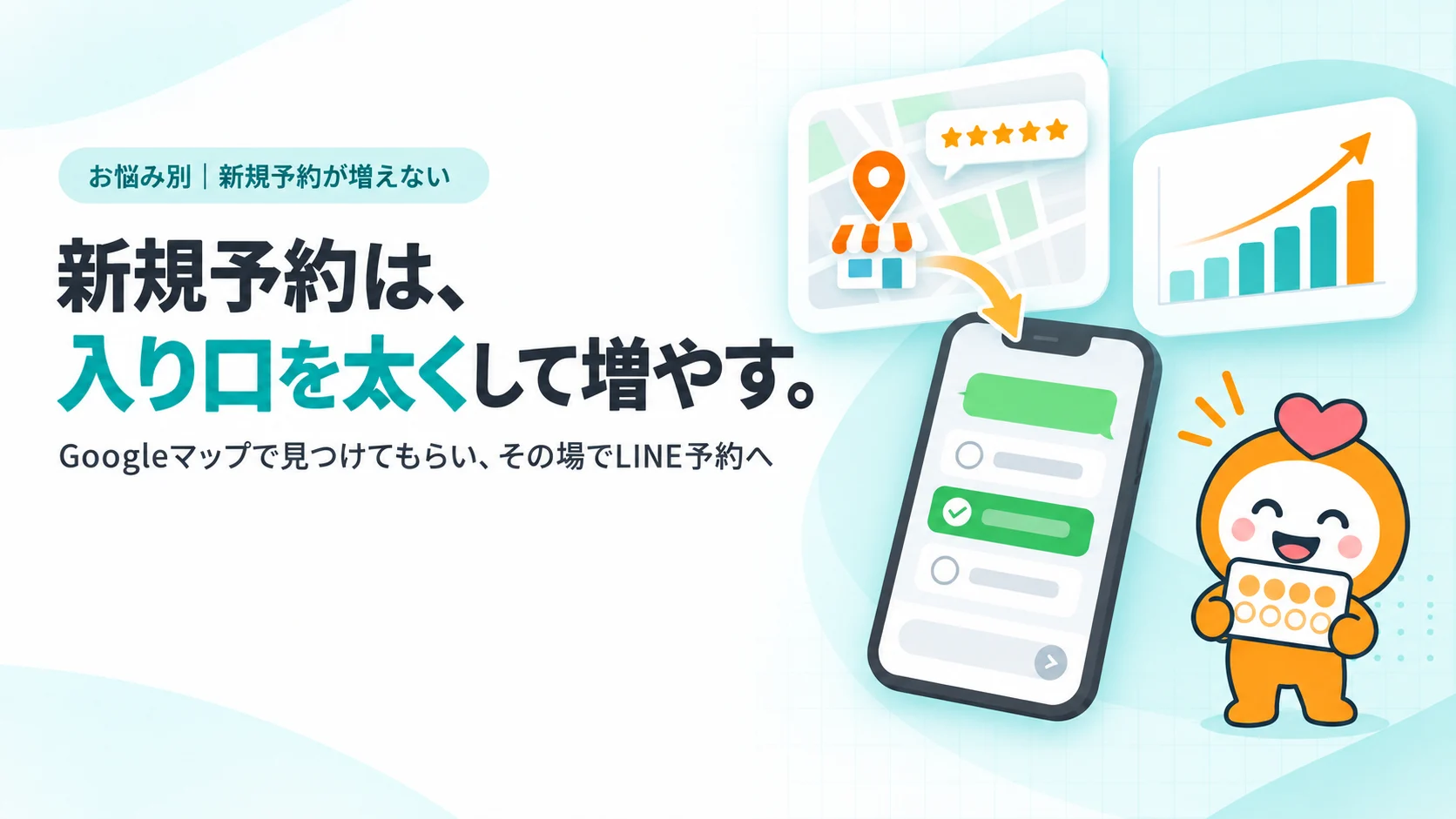 新規予約は、入り口を太くして増やす。　Googleマップで見つけてもらい、その場でLINE予約へ
