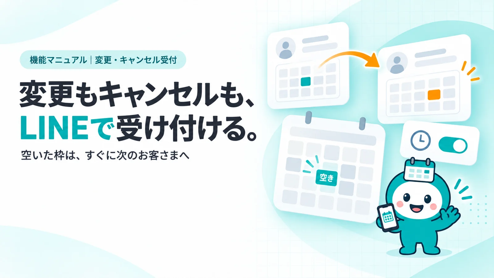 変更もキャンセルも、LINEで受け付ける。　予約カードが矢印で別の日時に移るアニメ風の2枚のカード、キャンセルされて空いた時間の枠がティールに光って「空き」に戻るカレンダーのカード、締め切り時間の設定の小さなカード