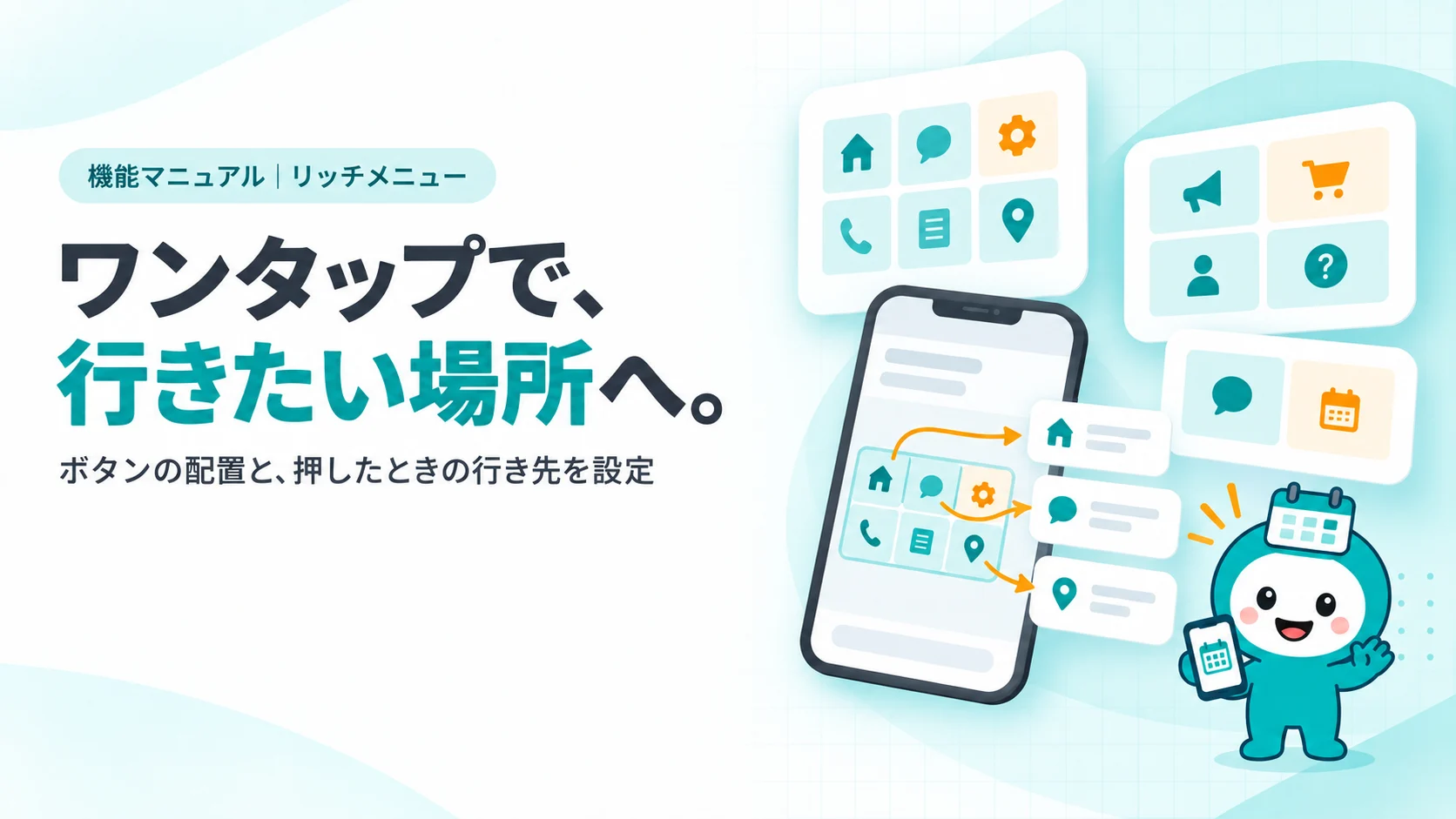 ワンタップで、行きたい場所へ。　分割のしかたの違う3種類のリッチメニューの型（6マス・4マス・2マス）を並べたカード、選ばれた型のマスごとにリンク先の矢印が出ている編集画面のカード
