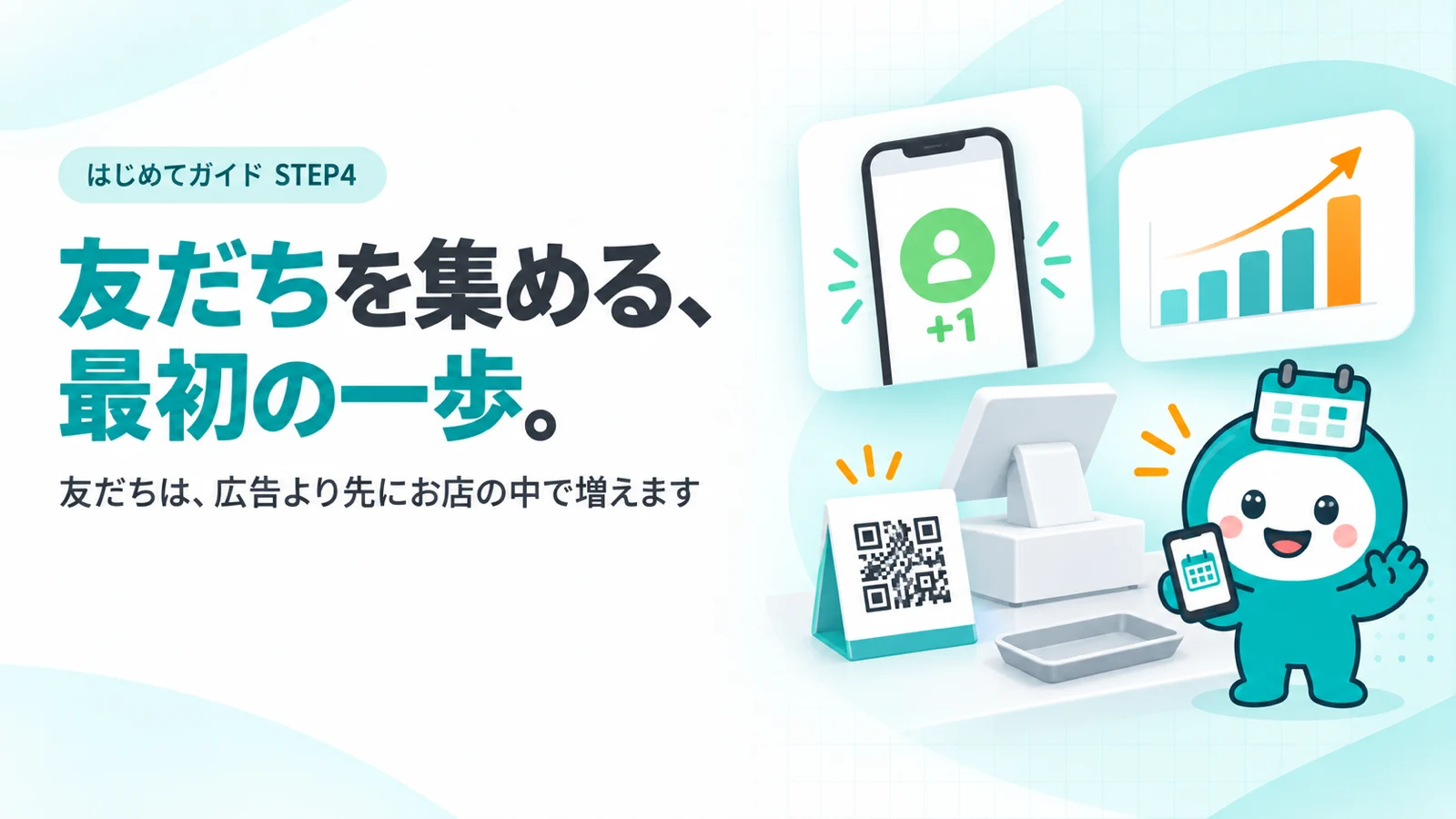 友だちを集める、最初の一歩。　レジ横に立つ小さなQRコードのPOPスタンド、会計トレー、スマホで友だち追加が完了した画面のカード（人のアイコンと「+1」）、友だちの数が右肩上がりの小さな棒グラフのカード