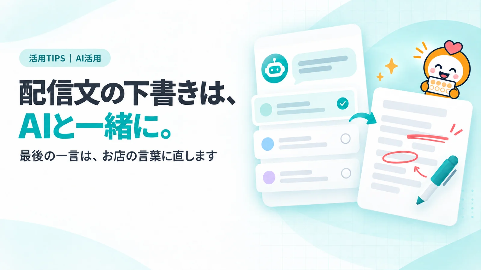 配信文の下書きは、AIと一緒に。　チャット画面のカード（依頼の吹き出しと、3パターンの下書きの行）、その下書きの1つにペンで赤字の手直しが入ったカード、きらめきのアイコン