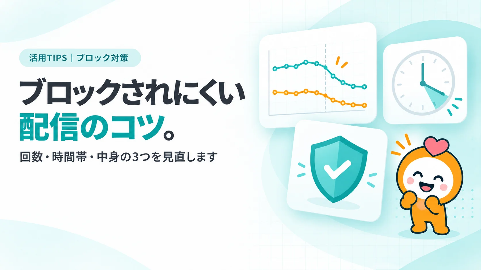 ブロックされにくい配信のコツ。　配信数とブロック数を重ねた折れ線グラフのカード（配信をしぼった月からブロックが下がる）、時計の文字盤で夕方の時間帯がティールに塗られたカード、盾のアイコン