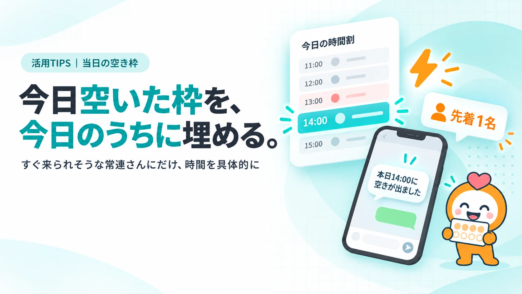 今日空いた枠を、今日のうちに埋める。　今日の時間割のカード（14:00の枠だけ赤からティールに変わって点滅）、稲妻のアイコン、スマホに届いた「本日14:00に空きが出ました」の吹き出し、先着1名のタグ