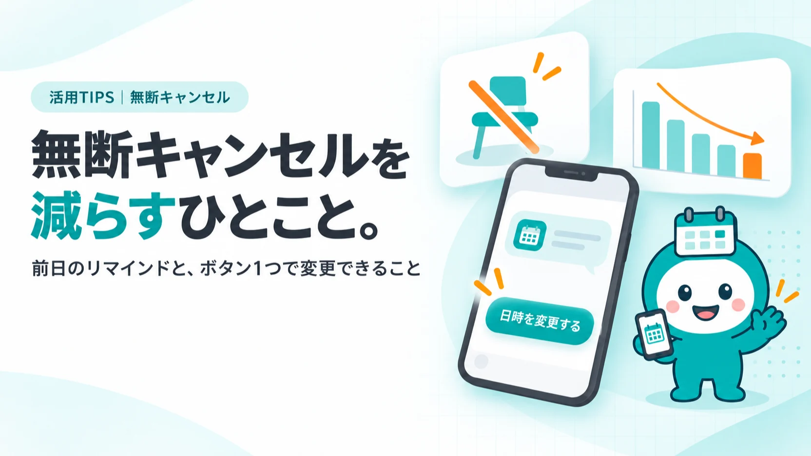 無断キャンセルを減らすひとこと。　空席の椅子のアイコンに斜線、スマホに届いた前日のリマインドの吹き出しと「日時を変更する」の大きなボタン、減っていく棒グラフのカード