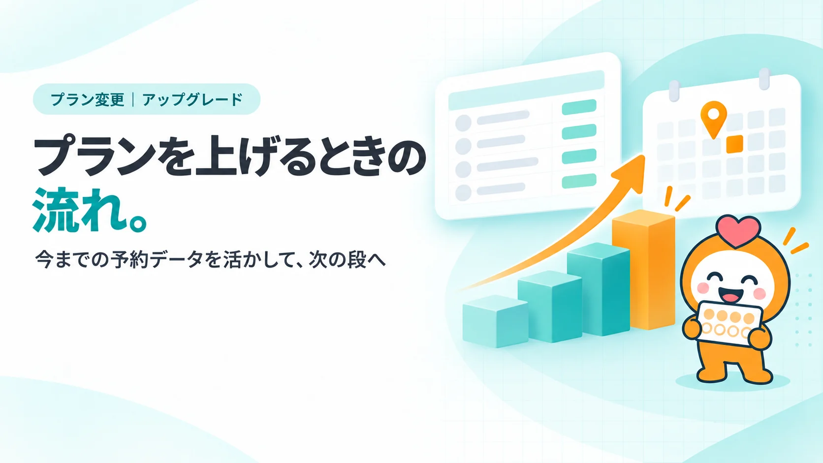 プランを上げるときの流れ。　ティールの段からオレンジの段へ上がる大きな矢印、左に予約データの表のカード、右に毎月の戦略ミーティングのピンが立ったカレンダーのカード