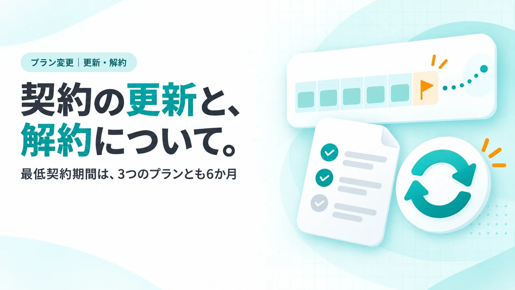 契約の更新と、解約について。　6つのマスが並んだ6か月の帯のカード（6つ目に小さな旗）、その先に続く点線、契約書のカードと更新の回転矢印のアイコン