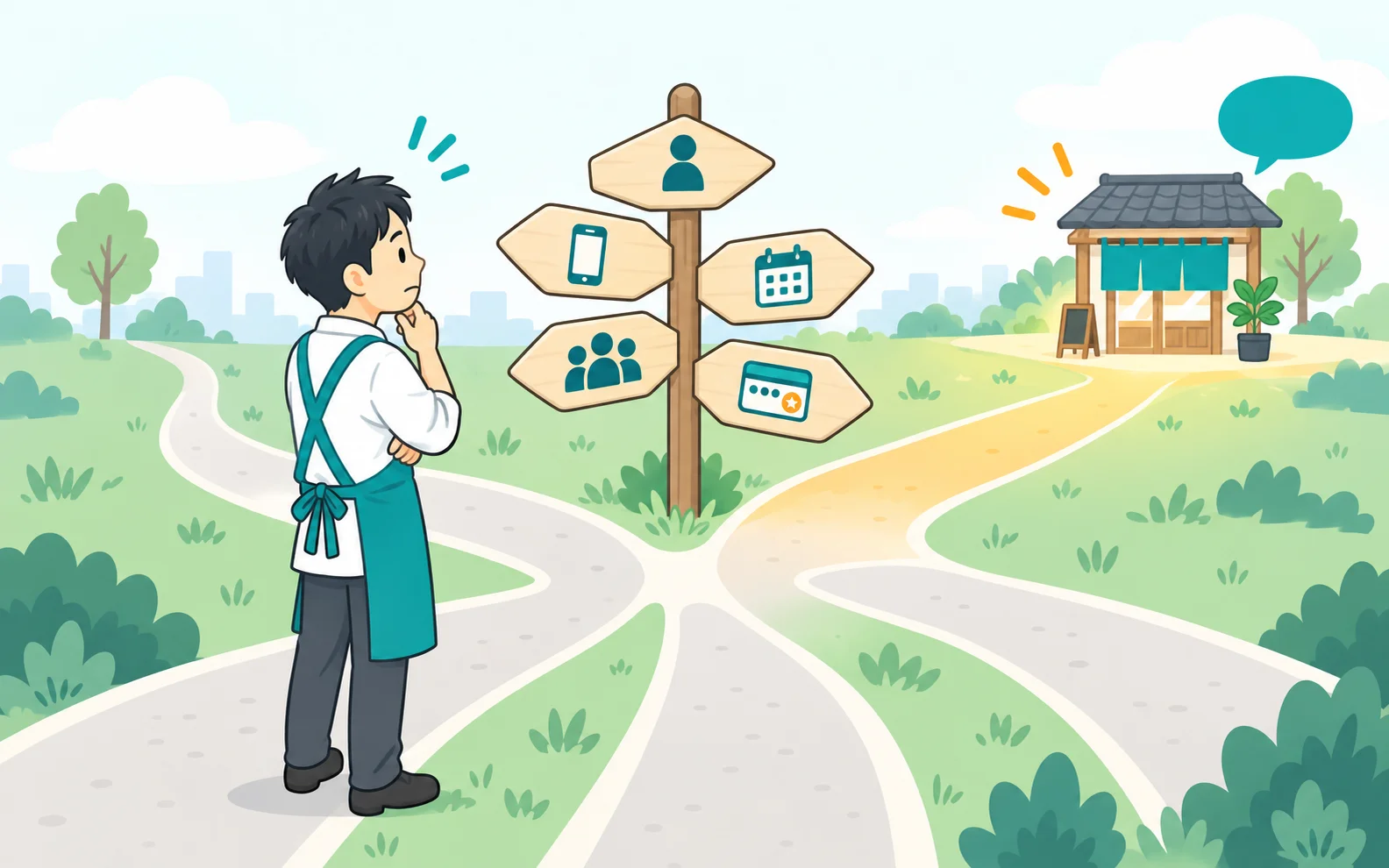 道しるべの前で、どの道に進むか考えている店主のイラスト